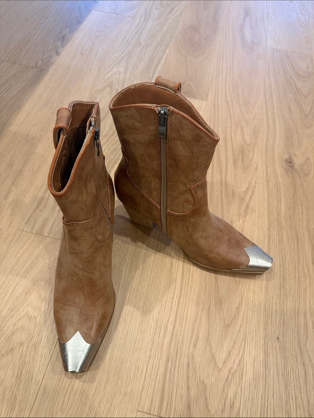 BEAST FASHION Brown Western Ankle Boots with Silver Toe Caps